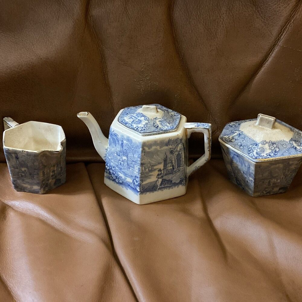 Ridgway Oriental Blue Transferware Scene Gold Trim Childs Mini Tea Set